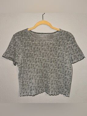 American Eagle Waffle Knit Floral Crop Top Lettuce Hem XL Sage